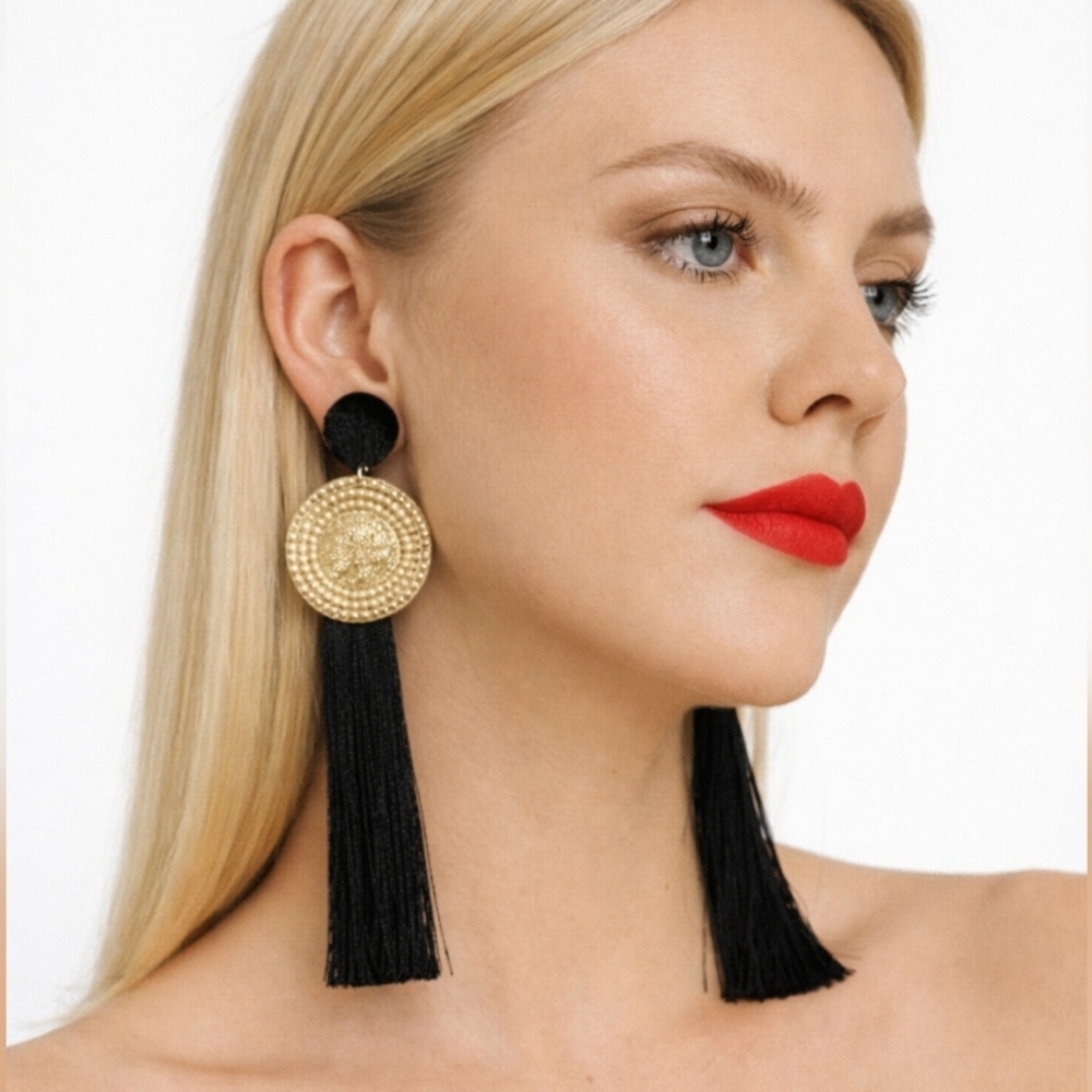 Aimely Black Velvet Long Tassel Earrings